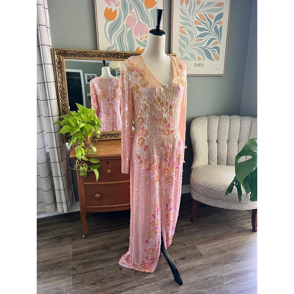 Alyce Designs Vintage 80s Pink Silk Beaded Sequin Floral Gown Formal Dress Read